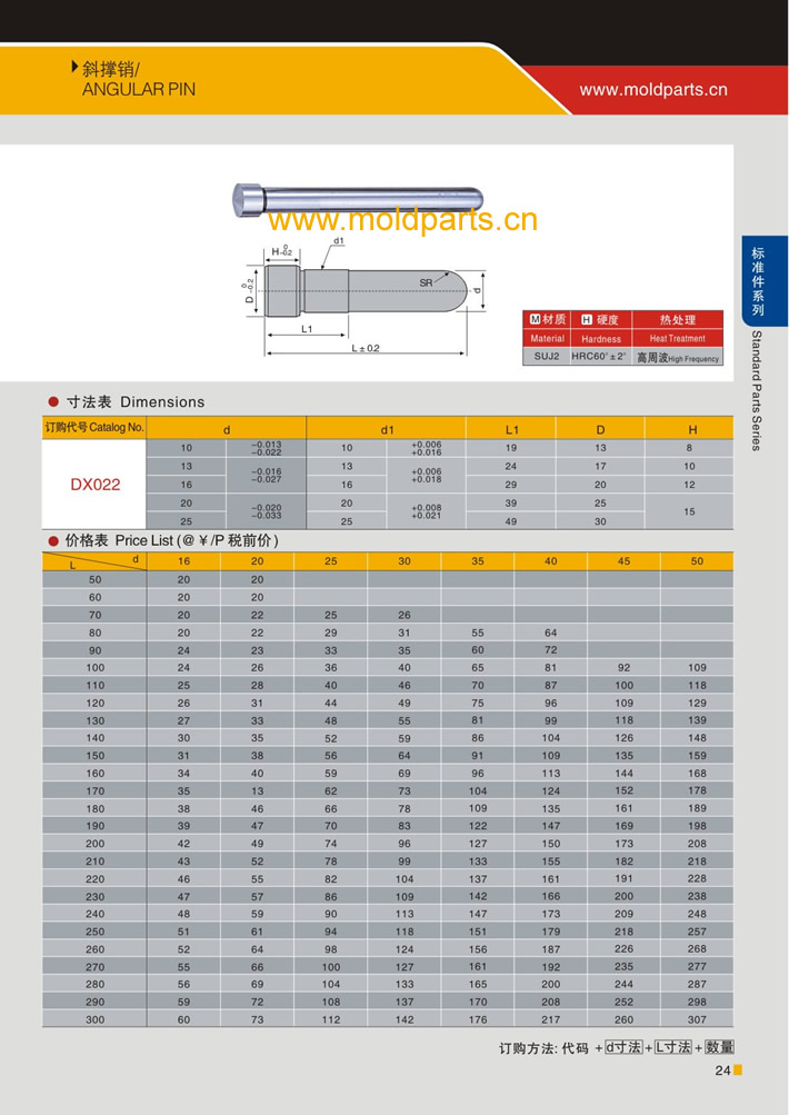東莞大翔模具配件有限公司專業(yè)生產(chǎn)斜撐銷，斜撐銷的材質(zhì)、熱處理、硬度、標(biāo)準(zhǔn)、型號等詳情說明和介紹，您可以通過本頁面下單留言或者發(fā)送詢/報價