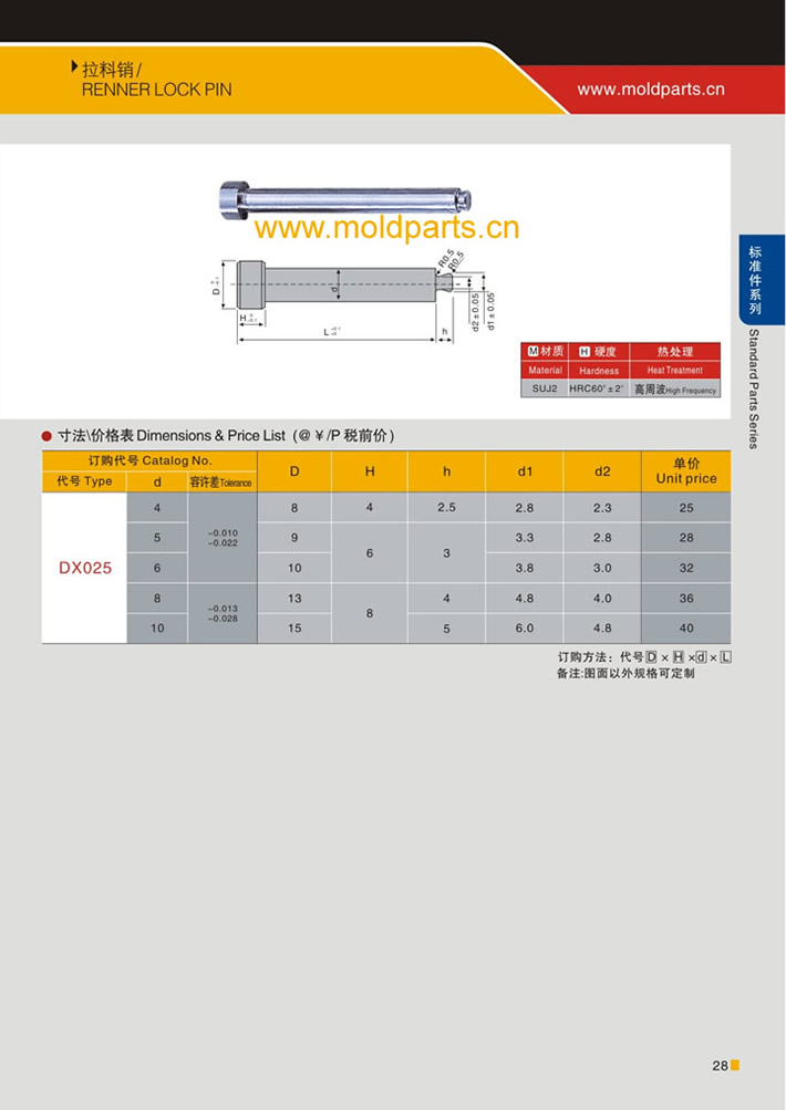 東莞大翔模具配件有限公司專業(yè)生產(chǎn)拉料銷，拉料銷的材質(zhì)、熱處理、硬度、標準、型號等詳情說明和介紹，您可以通過本頁面下單留言或者發(fā)送詢/報價