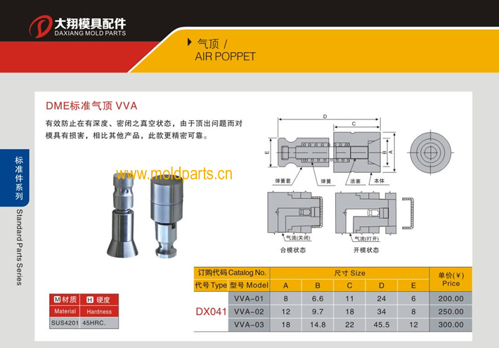 東莞大翔模具配件有限公司專業(yè)生產(chǎn)DME標(biāo)準(zhǔn)氣頂VVA，DME標(biāo)準(zhǔn)氣頂VVA的材質(zhì)、熱處理、硬度、標(biāo)準(zhǔn)、型號等詳情說明和介紹，您可以通過本頁面下單留言或者發(fā)送詢/報價
