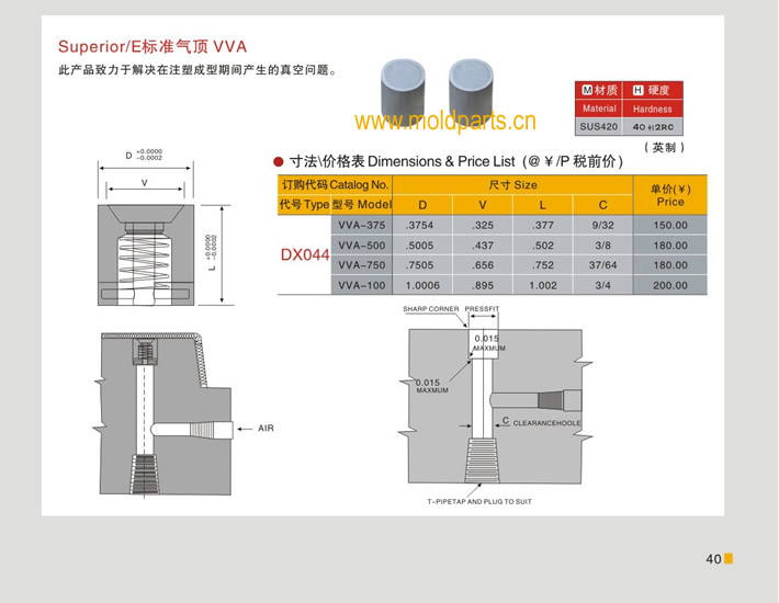 東莞大翔模具配件有限公司專業(yè)生產(chǎn)Superior/E標(biāo)準(zhǔn)氣頂VVA，Superior/E標(biāo)準(zhǔn)氣頂VVA的材質(zhì)、熱處理、硬度、標(biāo)準(zhǔn)、型號(hào)等詳情說明和介紹，您可以通過本頁面下單留言或者發(fā)送詢/報(bào)價(jià)