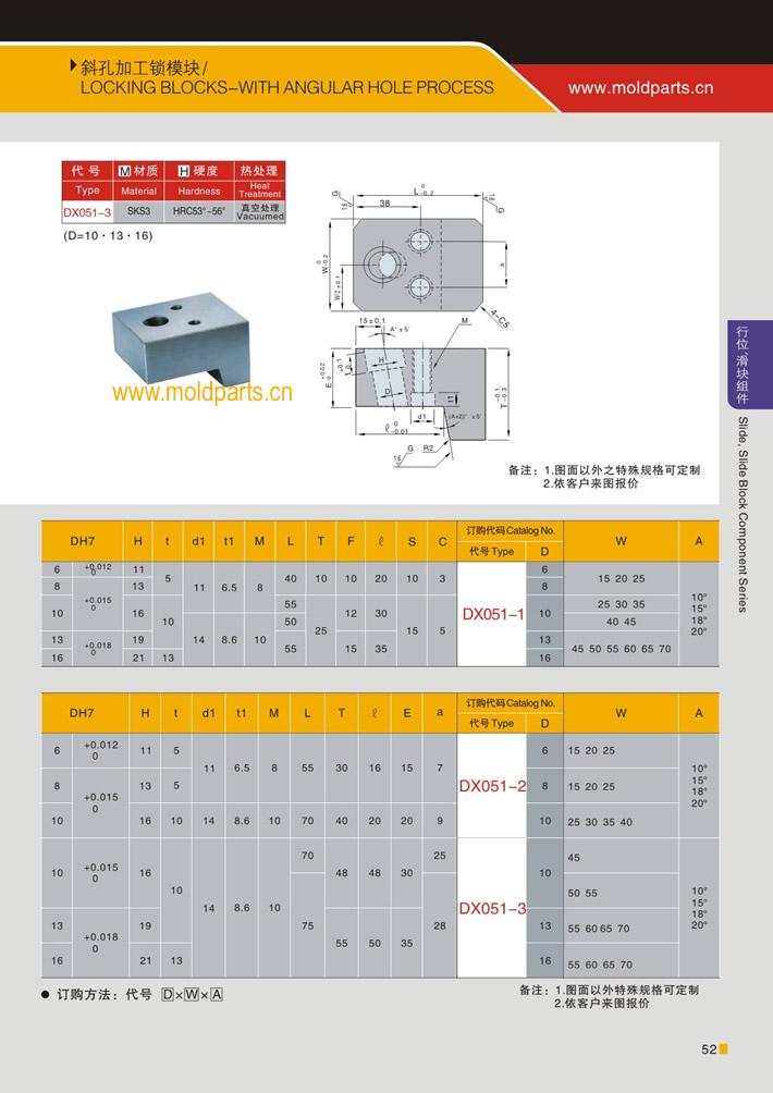 東莞大翔模具配件有限公司專業(yè)生產(chǎn)斜孔加工鎖模塊，斜孔加工鎖模塊的材質(zhì)、熱處理、硬度、標(biāo)準(zhǔn)、型號(hào)等詳情說明和介紹，您可以通過本頁面下單留言或者發(fā)送詢/報(bào)價(jià)