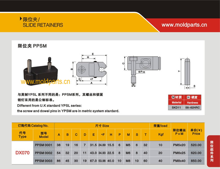 東莞大翔模具配件有限公司專業(yè)生產(chǎn)DME標(biāo)準(zhǔn)PPSM限位夾，DME標(biāo)準(zhǔn)PPSM限位夾的材質(zhì)、熱處理、硬度、標(biāo)準(zhǔn)、型號等詳情說明和介紹，您可以通過本頁面下單留言或者發(fā)送詢/報價