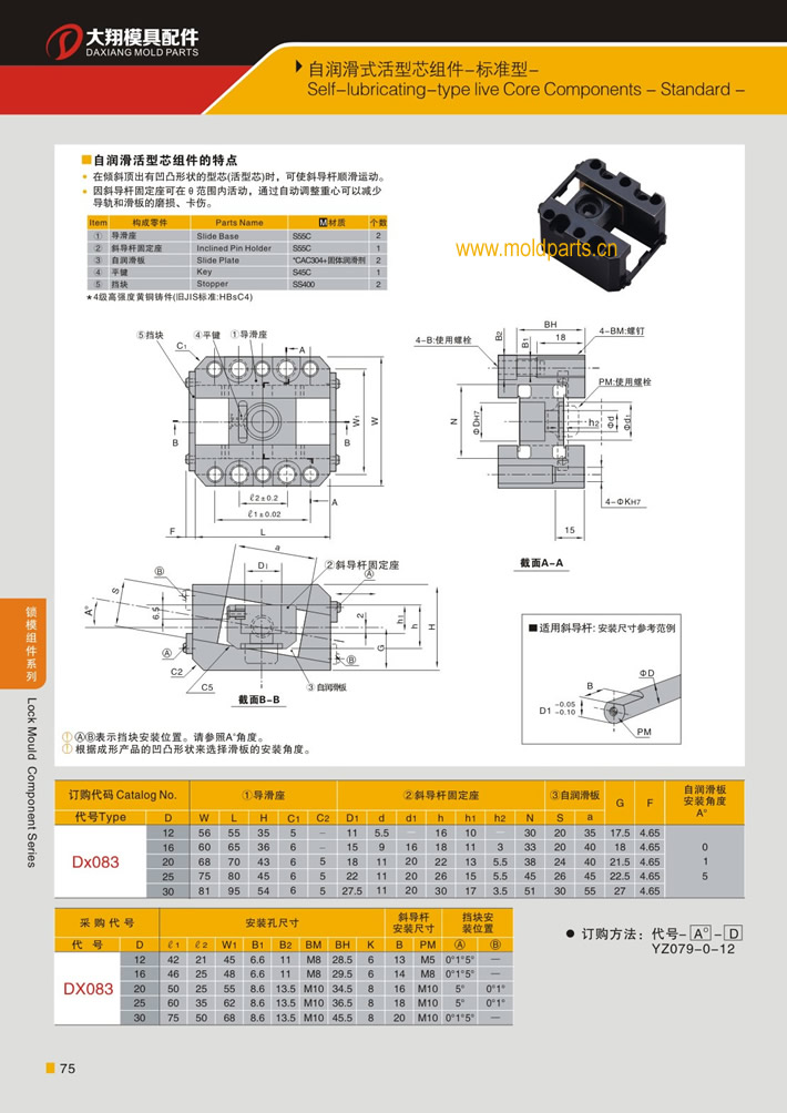東莞大翔模具配件有限公司專業(yè)生產(chǎn)自潤滑式活型芯組件(標(biāo)準(zhǔn)型)，自潤滑式活型芯組件(標(biāo)準(zhǔn)型)的材質(zhì)、熱處理、硬度、標(biāo)準(zhǔn)、型號等詳情說明和介紹，您可以通過本頁面下單留言或者發(fā)送詢/報價