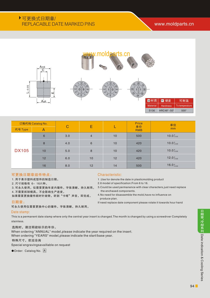 東莞大翔模具配件有限公司專業(yè)生產(chǎn)可更換式日期章，可更換式日期章的材質(zhì)、熱處理、硬度、標準、型號等詳情說明和介紹，您可以通過本頁面下單留言或者發(fā)送詢/報價