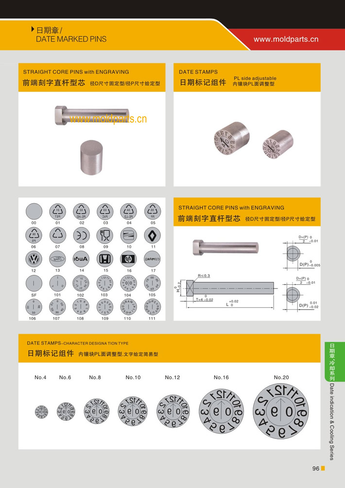 東莞大翔模具配件有限公司專業(yè)生產(chǎn)日期章標(biāo)記組件，日期章標(biāo)記組件的材質(zhì)、熱處理、硬度、標(biāo)準(zhǔn)、型號等詳情說明和介紹，您可以通過本頁面下單留言或者發(fā)送詢/報價