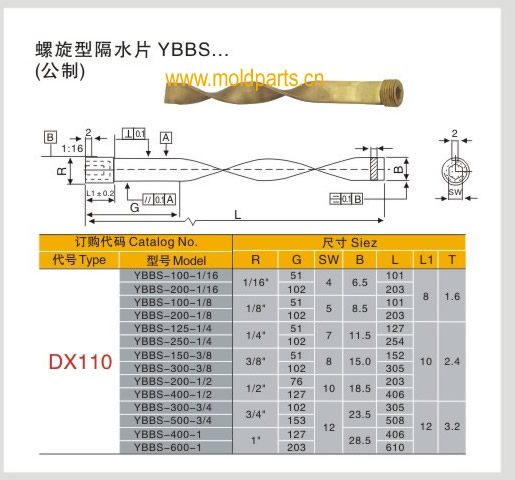 東莞大翔模具配件有限公司專業(yè)生產DME標準YBBS螺旋型隔水片，DME標準YBBS螺旋型隔水片的材質、熱處理、硬度、標準、型號等詳情說明和介紹，您可以通過本頁面下單留言或者發(fā)送詢/報價