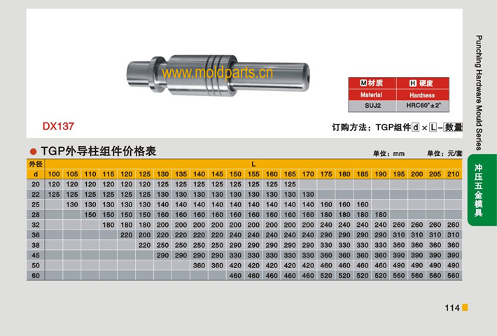 東莞大翔模具配件有限公司專業(yè)生產(chǎn)冷沖模TGP外導柱組件，冷沖模TGP外導柱組件的材質(zhì)、熱處理、硬度、標準、型號等詳情說明和介紹，您可以通過本頁面下單留言或者發(fā)送詢/報價